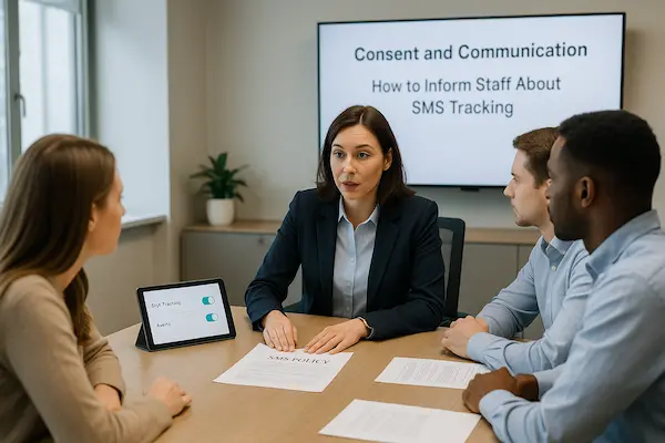 Manager briefing staff in a meeting about consent and communication for workplace SMS tracking policies.