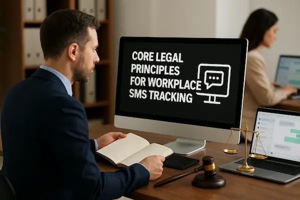 Professional legal advisor in an office reviewing workplace SMS tracking rules on a computer screen with law books, gavel and scales on the desk.