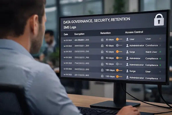 Compliance officer reviewing an on-screen dashboard for SMS log data governance, security and retention.