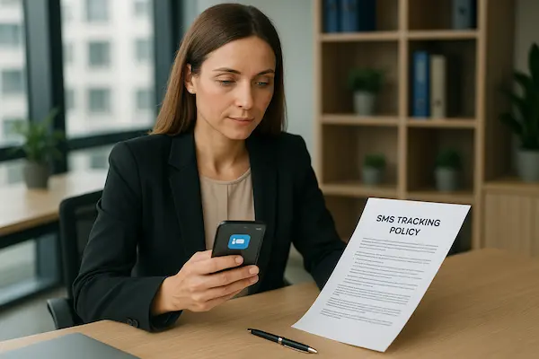 HR manager reviewing an SMS tracking policy document while holding a company smartphone in a modern office.