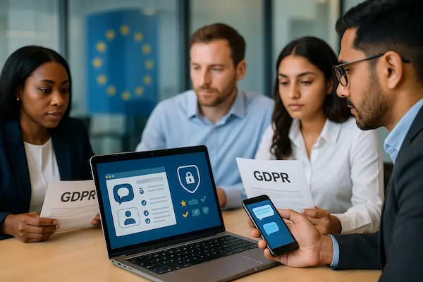 European compliance team reviewing SMS tracking rules under EU GDPR with laptop, smartphone and printed GDPR documents in a modern office.