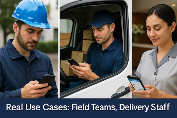Field technician, delivery driver and service staff using smartphones for work communication in three side by side panels.

