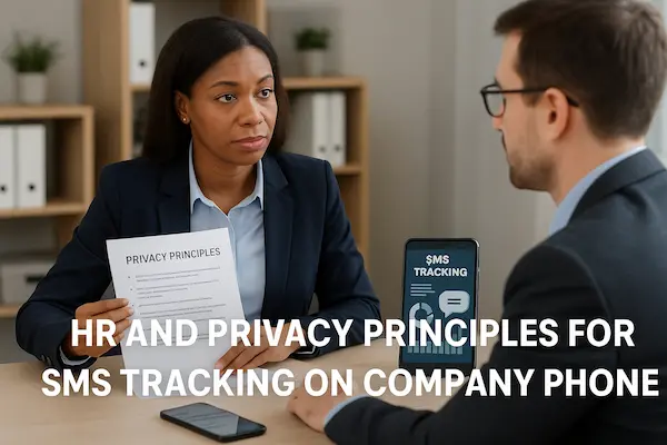 HR manager discussing privacy principles for SMS tracking on a company phone with an employee in the office.