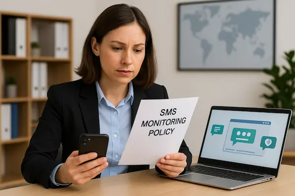 HR manager reviewing SMS monitoring policy at her desk with smartphone and laptop, considering if SMS tracking at work is legal