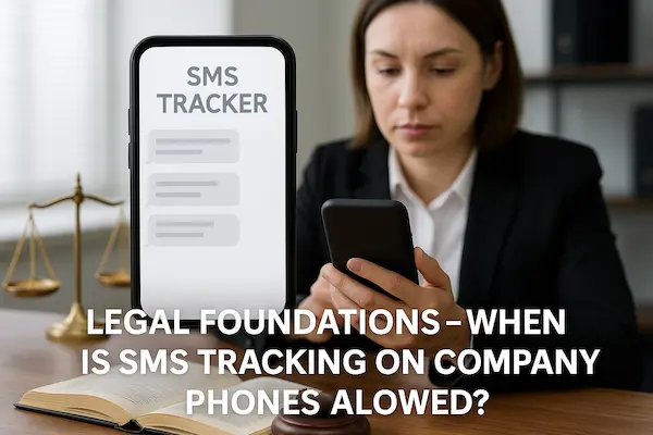 HR professional reviewing SMS tracker compliance on company phone with large overlay screen showing SMS tracker interface.