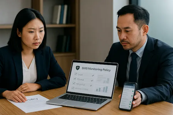 Two HR and legal professionals reviewing an SMS monitoring policy on a laptop and smartphone in a company meeting room.
