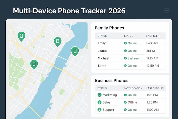 Multi Device Phone Tracker 2026 dashboard for family and business phones