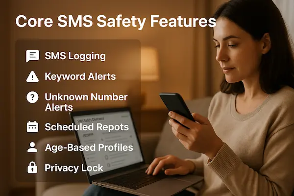 Parent reviewing core SMS safety features for a child protection app on phone and laptop.