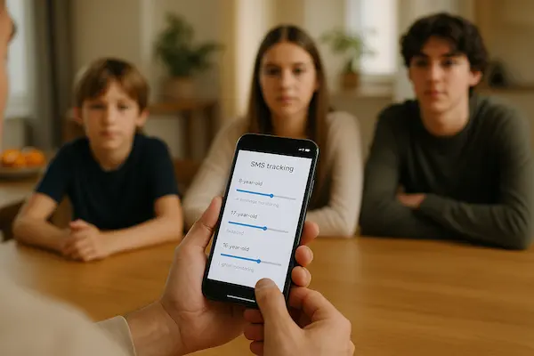 Parent viewing age-based SMS tracking for three children.
