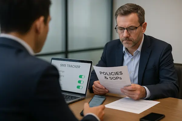 Two business managers reviewing a policies and SOPs document while checking SMS tracker settings on a laptop and smartphone in a meeting room.
