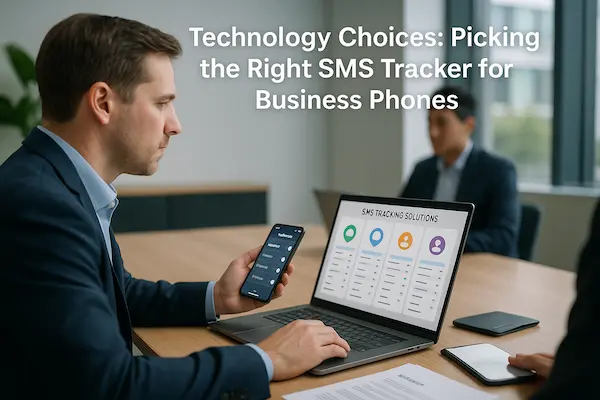 Business manager comparing SMS tracking solutions on a laptop and smartphone in a meeting room.
