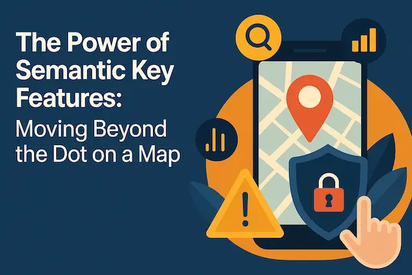 Digital illustration for “The Power of Semantic Key Features: Moving Beyond the Dot on a Map.” The image shows a smartphone with a red GPS location pin on its screen, surrounded by icons of analytics bars, a magnifying glass, a warning triangle, and a security shield with a lock. The color palette of blue, orange, and gold conveys technology, intelligence, and safety.