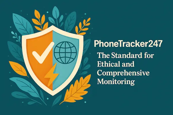Digital illustration featuring a split orange-and-blue shield with a checkmark, globe, and lightning bolt icons symbolizing trust, global reach, and performance. Surrounding the shield are stylized leaves in blue and gold hues. To the right, the text reads “PhoneTracker247: The Standard for Ethical and Comprehensive Monitoring,” representing integrity, security, and innovation in tracking technology.