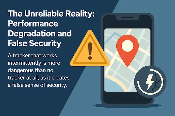 “Tracker free mobile” apps often fail when it matters most. This visual captures the dangers of delayed updates and excessive battery drain—problems that create a false sense of safety. At PhoneTracker247, we prioritize performance and real-time reliability to ensure true digital protection, not empty promises