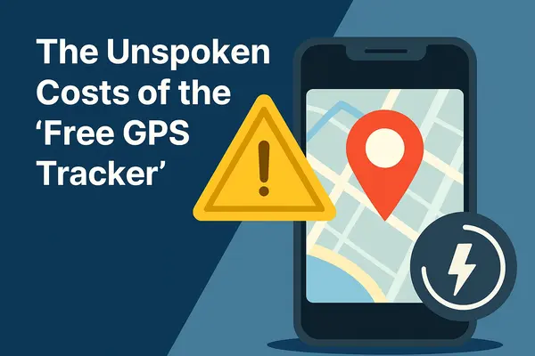 Digital illustration of a smartphone displaying a map with a red location pin, overlaid with a yellow warning triangle and lightning bolt icon. The background is blue, and bold white text reads “The Unspoken Costs of the ‘Free GPS Tracker’,” symbolizing the hidden dangers and false security of free GPS tracking apps.