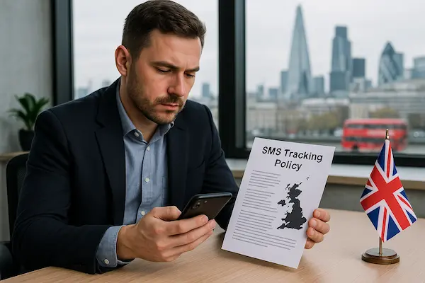 UK manager reviewing SMS tracking and workplace privacy policy on smartphone in a London office.