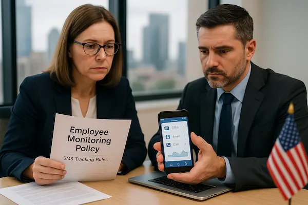 HR managers reviewing employee SMS monitoring policy on a smartphone in a US office.