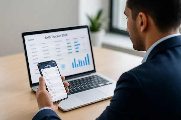 Business manager checking a company SMS tracking dashboard on a laptop while viewing SMS logs on a smartphone.
