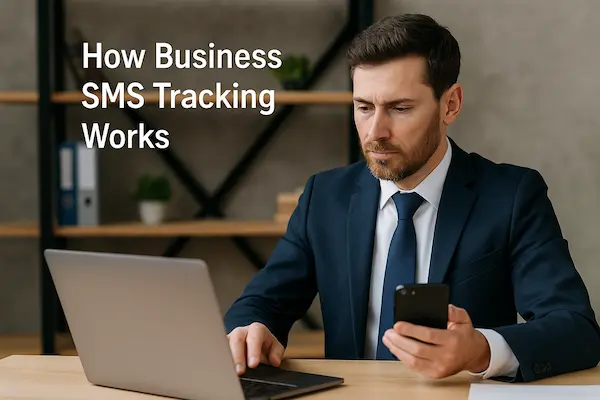 Business professional using a laptop and smartphone to review business SMS tracking in a modern office.
