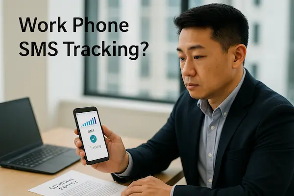 Office employee reviewing SMS tracking on a company work phone next to written policy.