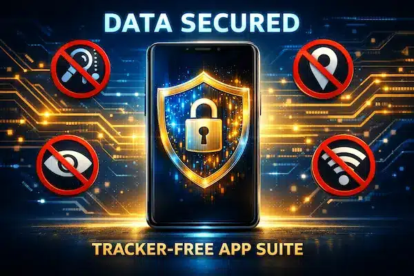 Secure smartphone with a digital lock shield representing data protection and cybersecurity in tracker-free mobile applications.